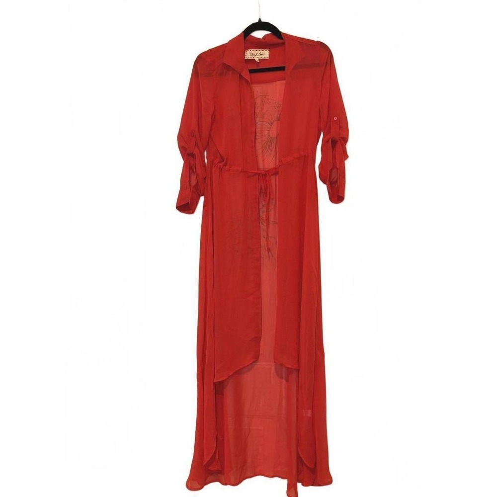 Sheryl Crow sz‎ XS sheer red floral long button down duster 3/4 sleeves #1738